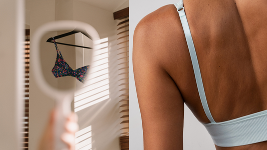 Illustration of a woman feeling relieved as she takes off her bra after a long day, surrounded by comfortable bralettes designed for everyday comfort without pressure.